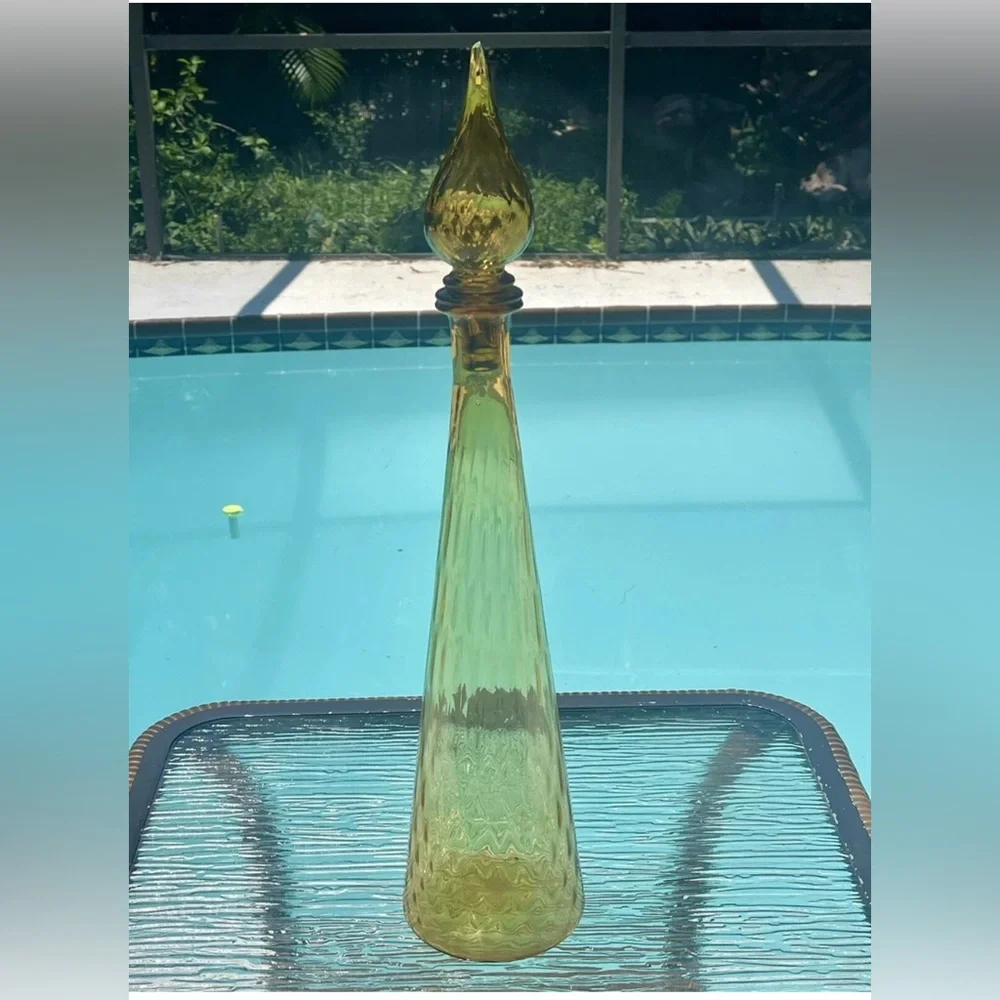 Vintage MCM‎ Empoli Glass Amber Genie Bottle Decanter Stopper Italy DAMAGE